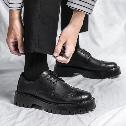 Men's Business Casual Genuine Leather Loafers Thick Soles Height Increasing Outdoor Platform Lace-Up Design Office Dress Winter