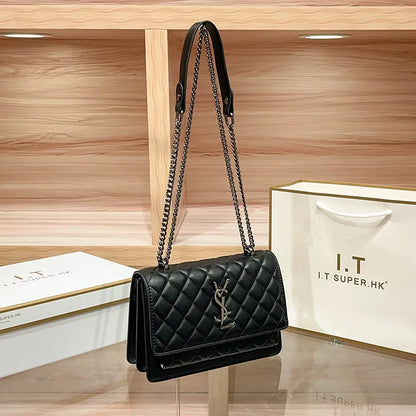High-End Genuine Leather Women's Crossbody Bag 2025 New Style Quilted Chain Zip Fashionable All-Match Small Square Polyester