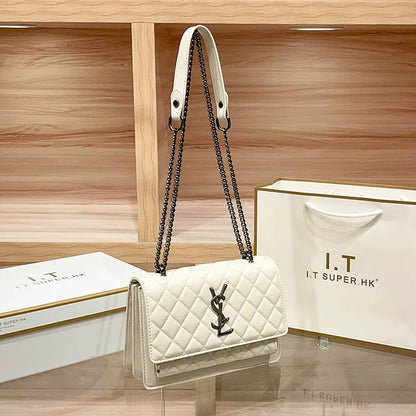 High-End Genuine Leather Women's Crossbody Bag 2025 New Style Quilted Chain Zip Fashionable All-Match Small Square Polyester