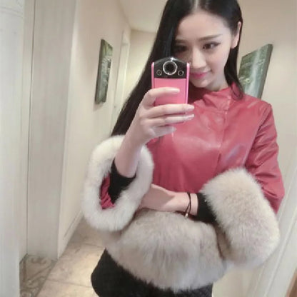 Faux Fox Fur Coat Women High Quality Luxury Short Stand Collar Splicing Fur Jacket Female Leather Coats 2024 Autumn Winter S-4XL
