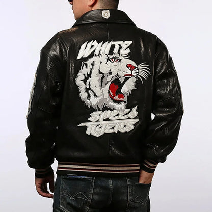 High Quality Embroidered Black White Thick Sheep Skin Capless Coats Tiger Pattern Casual Sport Aviator Men Real Leather Jackets