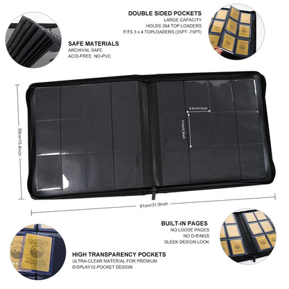 384 Pockets Leather RTS PU Leather Trading Toploader Binder Album, 12 Pockets Premium Top Loader Card Binder