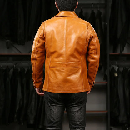 Factory Custom 100% Natural Genuine Leather Jackets Men's Orange Vibrant Multi-pocket Oil Waxed Dermis Cowhide Coat