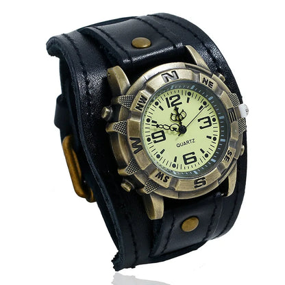 Punk Style Men's and Women's Retro Fashion 45mm Round Alloy Case Glass Dial Pointer Quartz Watch Luxury Leather Bracelet