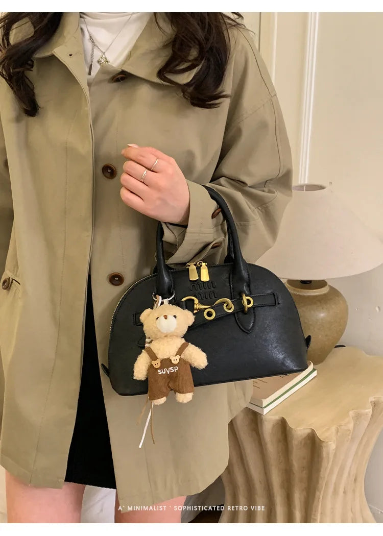 2026 New Hot Sale Dome Bag Bear Pendant Decor Metal Buckle PU Leather Winter Date Stylish Retro Handbag