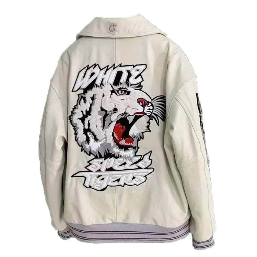 High Quality Embroidered Black White Thick Sheep Skin Capless Coats Tiger Pattern Casual Sport Aviator Men Real Leather Jackets