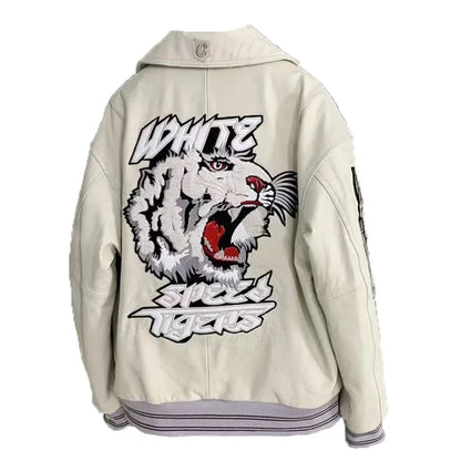 High Quality Embroidered Black White Thick Sheep Skin Capless Coats Tiger Pattern Casual Sport Aviator Men Real Leather Jackets