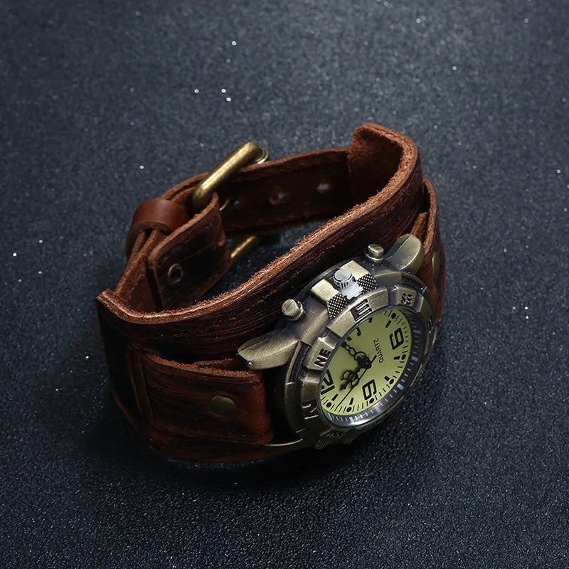 Punk Style Men's and Women's Retro Fashion 45mm Round Alloy Case Glass Dial Pointer Quartz Watch Luxury Leather Bracelet