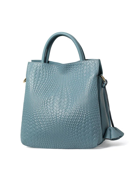 New Woven Texture Genuine Leather Handbag, Large Capacity Elegant Women's Shoulder & Top Handle Bag