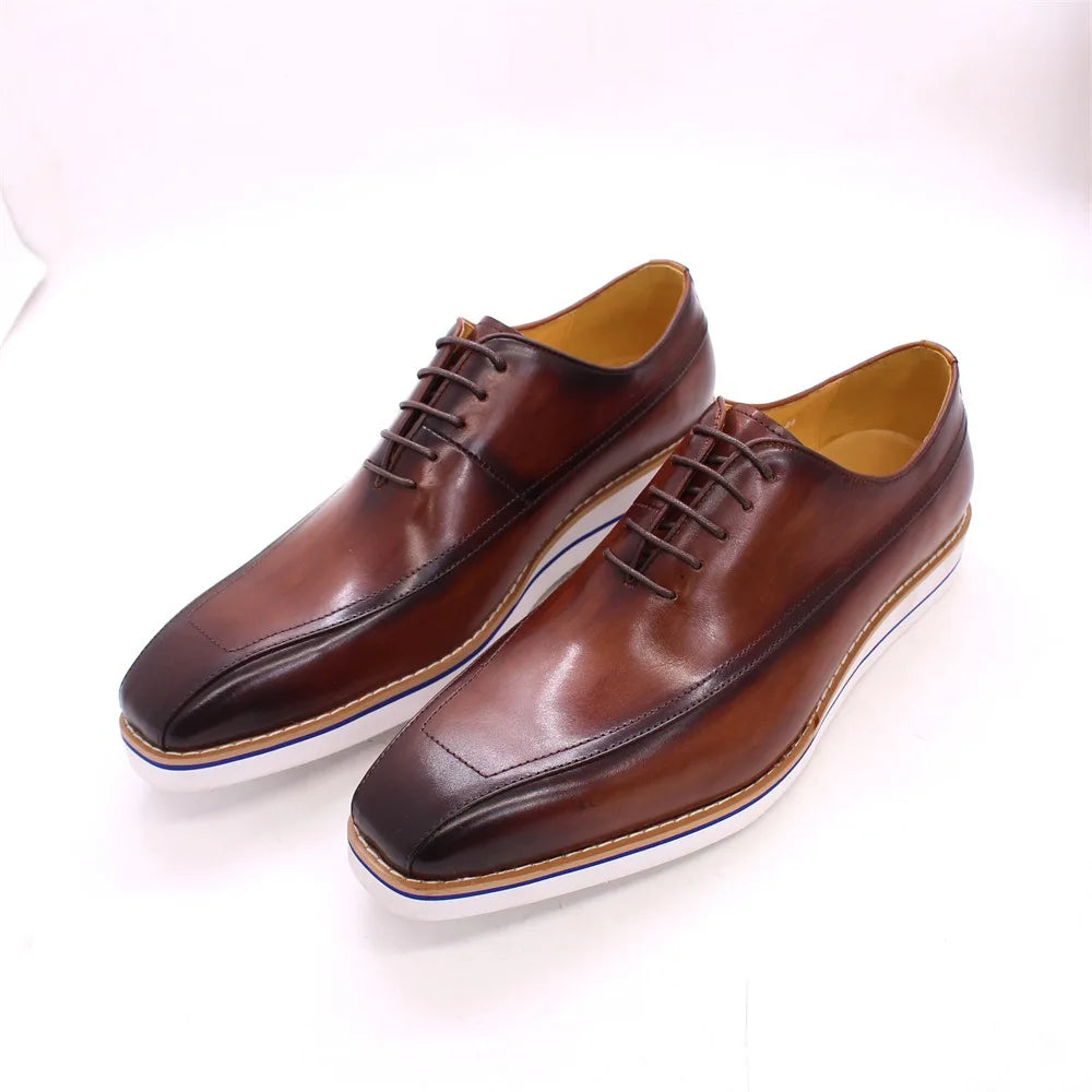 2026 High-End Handmade Men's Genuine Leather Lace-up Flat Dress Oxford Shoes Square Toe Casual Business Daily Use Wedding Spring