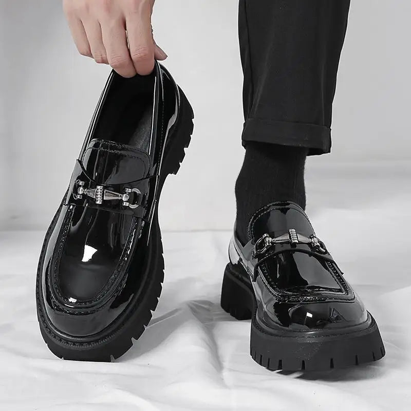 Thick Sole Patent Leather Dress Shoes Comfortable Casual Slip on Height Increasing Loafer Shoes for Men