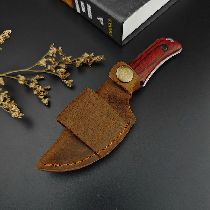 BM 15017 Small Straight Blade Full Handle 2.56 Inch Wooden Handle EDC Hunting Knife Wilderness Survival Tool Leather Scabbard