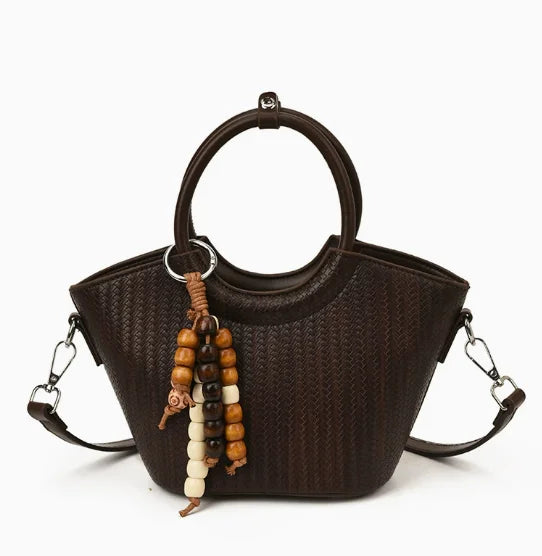 HotSale Small Satchel Bag Bead Charm Accent Vintage Hardware Detachable Strap PU Leather Date Night Elegant Handbag