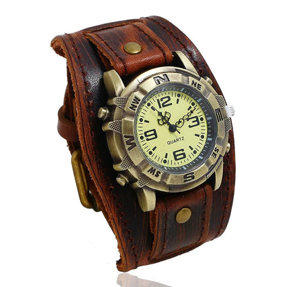 Punk Style Men's and Women's Retro Fashion 45mm Round Alloy Case Glass Dial Pointer Quartz Watch Luxury Leather Bracelet
