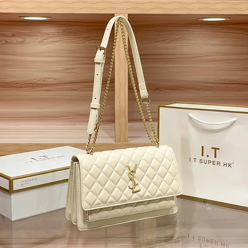 High-End Genuine Leather Women's Crossbody Bag 2025 New Style Quilted Chain Zip Fashionable All-Match Small Square Polyester