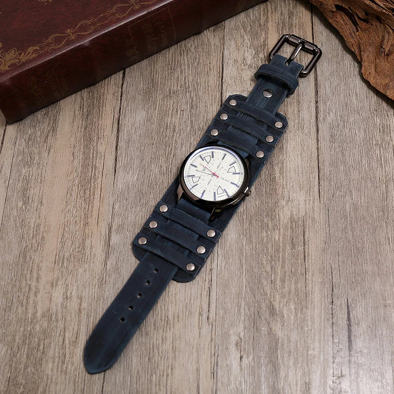 Hot Selling Popular Accessories Retro Genuine Leather Watch Band Personality Men's Punk Quartz Watch Bracelet