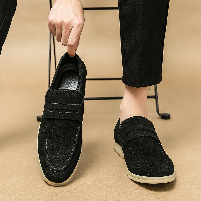 Men's Casual Loafers Genuine Leather Large Size 38-46 Fashionable Flat Slip-On Dress Shoes With Slip-On Closure for Winter