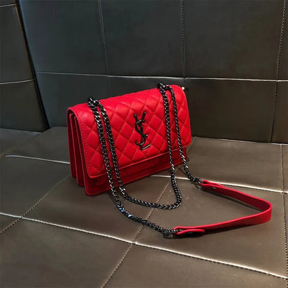 High-End Genuine Leather Women's Crossbody Bag 2025 New Style Quilted Chain Zip Fashionable All-Match Small Square Polyester
