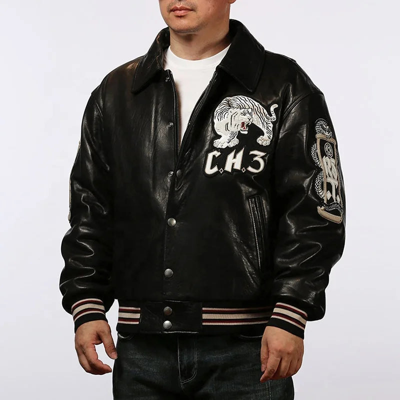 High Quality Embroidered Black White Thick Sheep Skin Capless Coats Tiger Pattern Casual Sport Aviator Men Real Leather Jackets