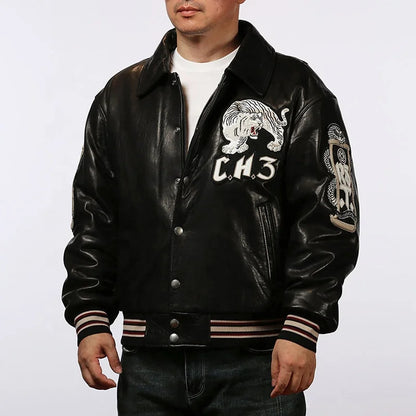 High Quality Embroidered Black White Thick Sheep Skin Capless Coats Tiger Pattern Casual Sport Aviator Men Real Leather Jackets