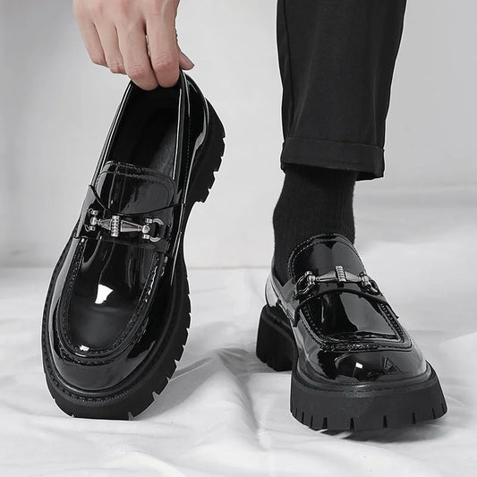 Thick Sole Patent Leather Dress Shoes Comfortable Casual Slip on Height Increasing Loafer Shoes for Men