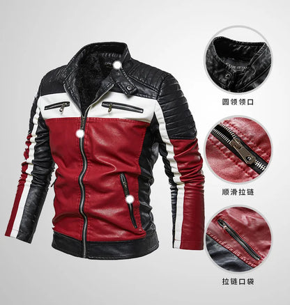 L-3XL Plush Leather Jacket Men's Coat Youth Motorcycle Suit Color Blocking New Style Leather Coat