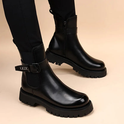 Men's New 2026 Leather Pointed Casual Black Raised Thick Soled Motorcycle Short Boots Men's Shoes