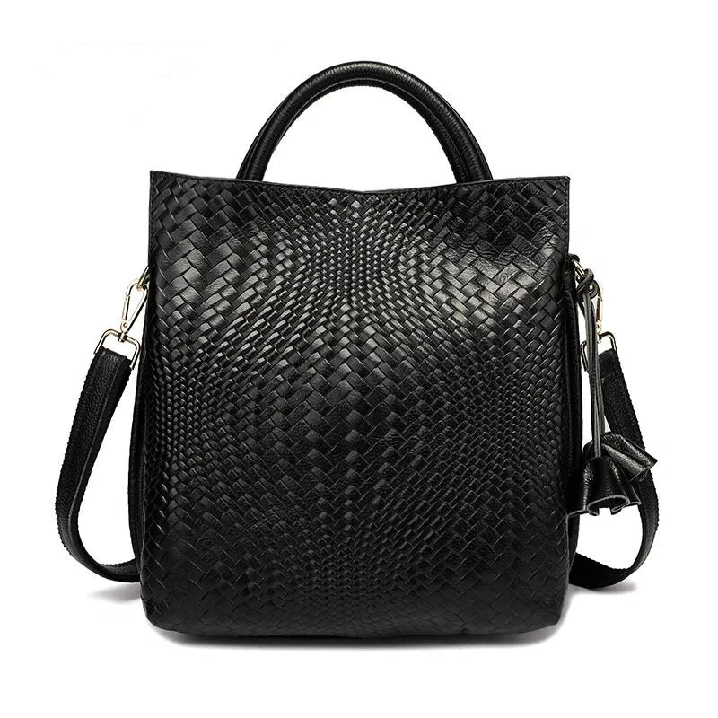 New Woven Texture Genuine Leather Handbag, Large Capacity Elegant Women's Shoulder & Top Handle Bag