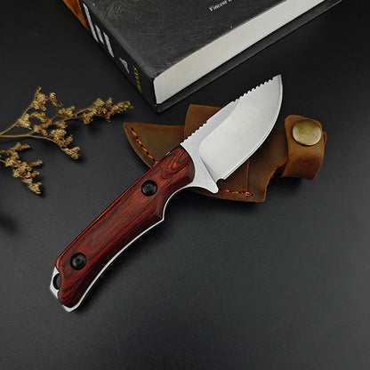 BM 15017 Small Straight Blade Full Handle 2.56 Inch Wooden Handle EDC Hunting Knife Wilderness Survival Tool Leather Scabbard