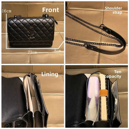 High-End Genuine Leather Women's Crossbody Bag 2025 New Style Quilted Chain Zip Fashionable All-Match Small Square Polyester