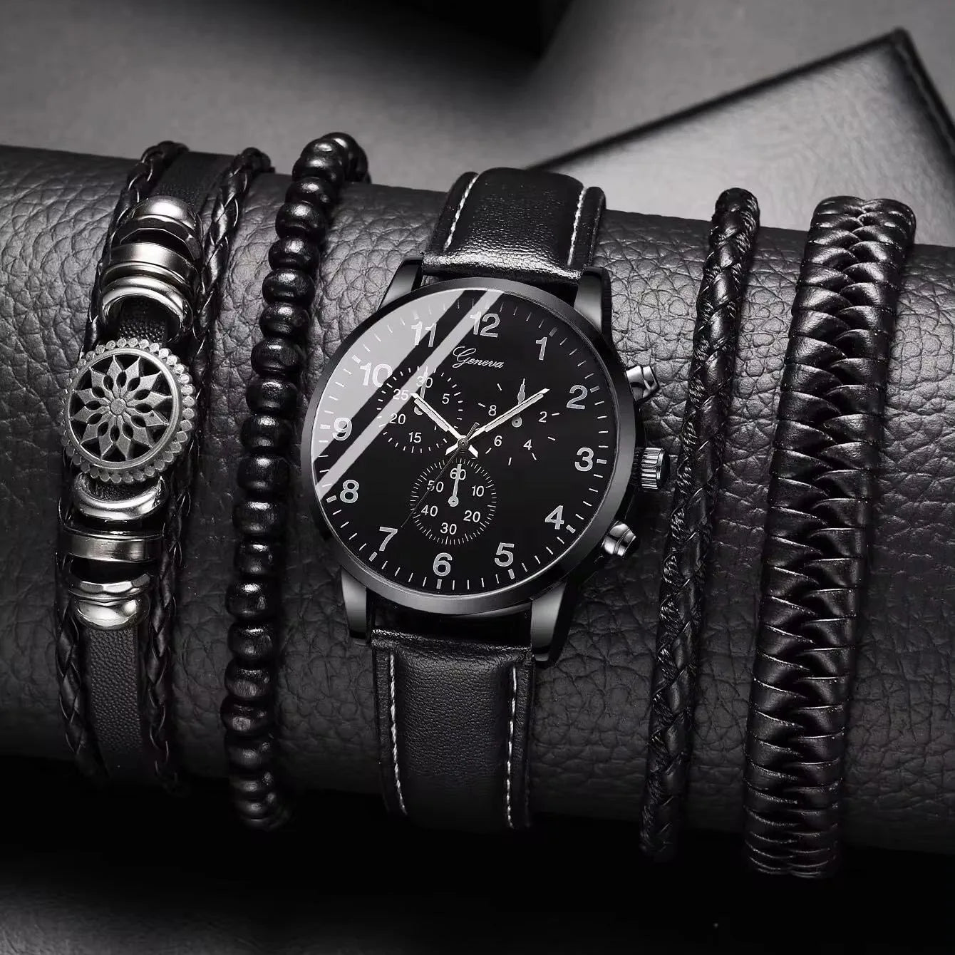 Wholesale Cheap Alloy Fashion Classic Leather GENEVA Calendar Quartz Bracelet and Watches Set for Men