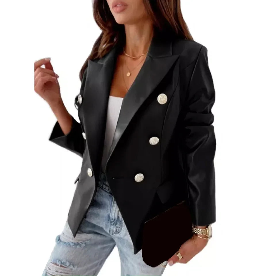 Wholesale Women Fashion PU Leather Jackets Coat Suit Europe Long Sleeve Double-breasted Button Lady Women's Clothes Jacket
