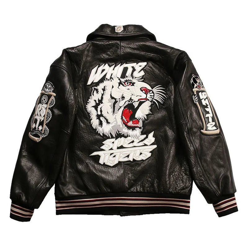High Quality Embroidered Black White Thick Sheep Skin Capless Coats Tiger Pattern Casual Sport Aviator Men Real Leather Jackets