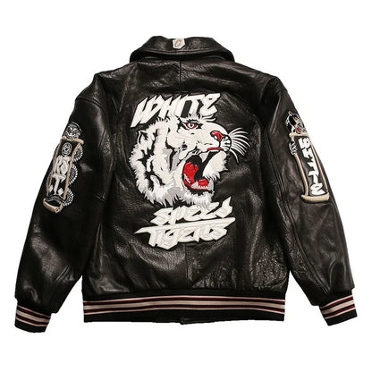 High Quality Embroidered Black White Thick Sheep Skin Capless Coats Tiger Pattern Casual Sport Aviator Men Real Leather Jackets