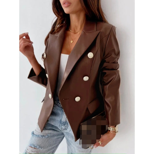 Wholesale Women Fashion PU Leather Jackets Coat Suit Europe Long Sleeve Double-breasted Button Lady Women's Clothes Jacket