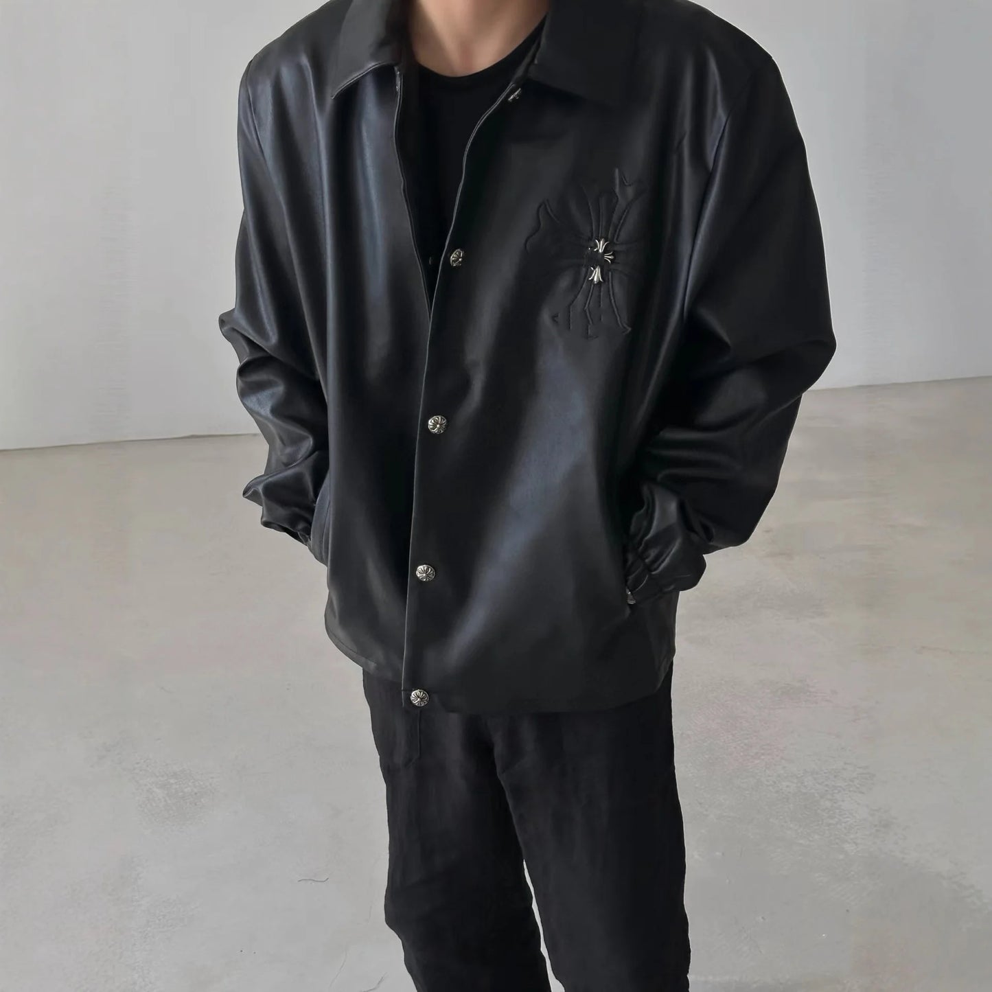 CHHearts 25 New Model Loose Autumn Cross-Collar Synthetic Leather Jacket with Snap Buttons Unisex Casual