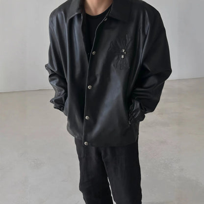 CHHearts 25 New Model Loose Autumn Cross-Collar Synthetic Leather Jacket with Snap Buttons Unisex Casual