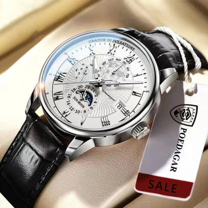 POEDAGAR Top Men's Watches Waterproof Genuine Leather Calendar Luminous Wristwatches for Sport Business Fashion Reloj Relogio