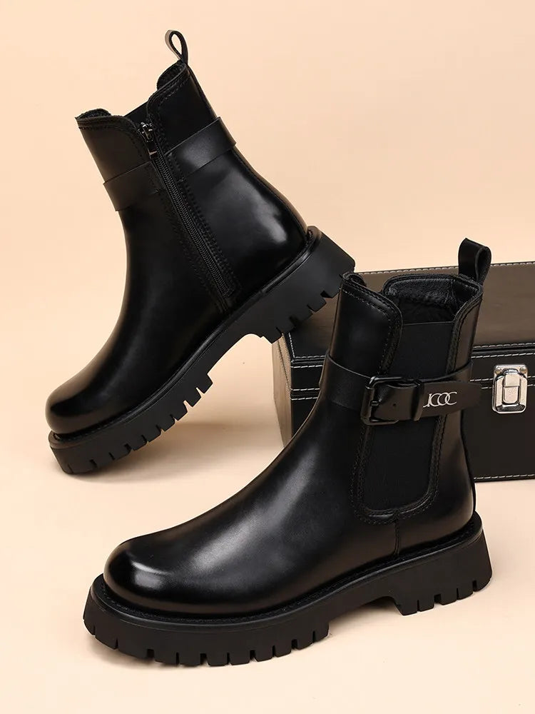 Men's New 2026 Leather Pointed Casual Black Raised Thick Soled Motorcycle Short Boots Men's Shoes