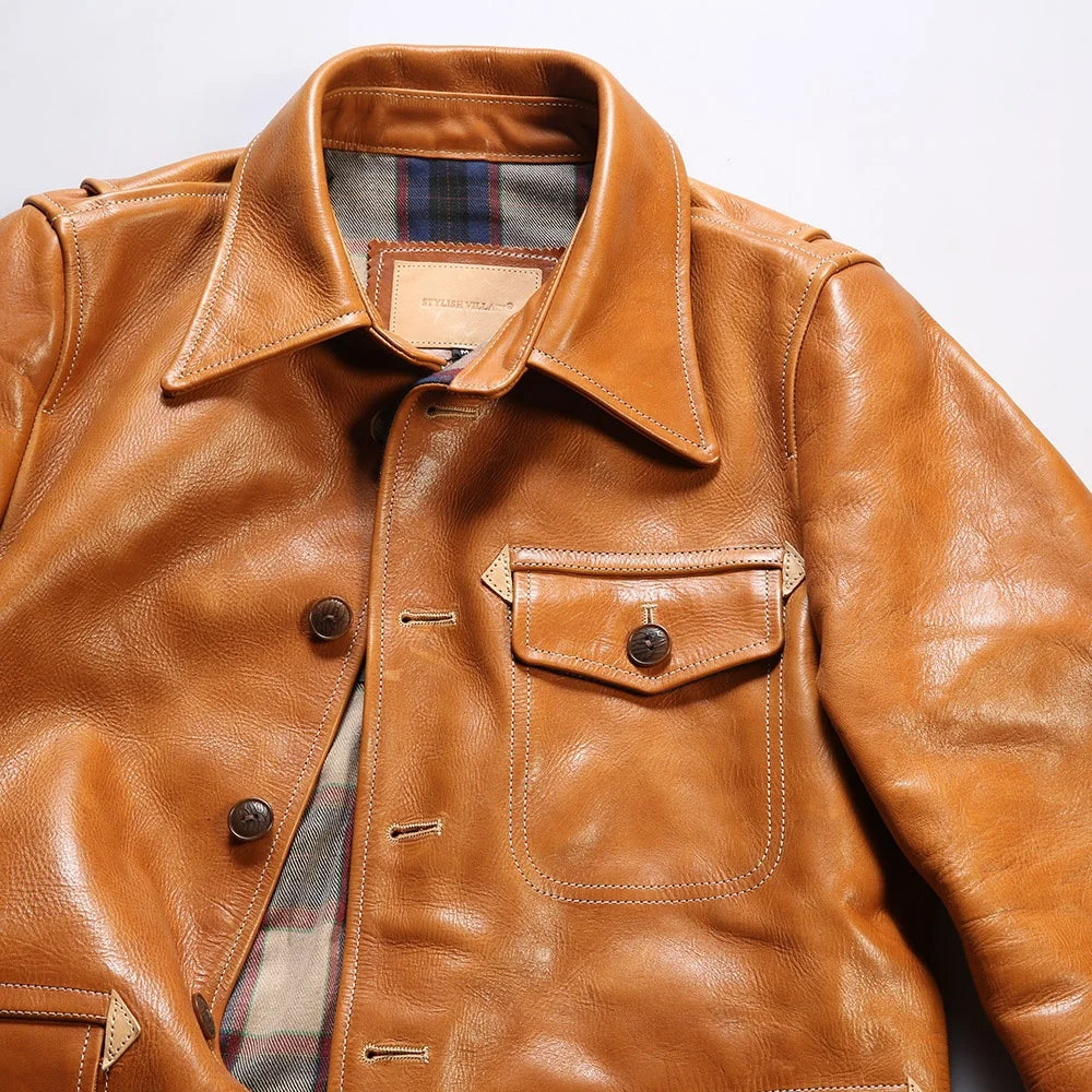 Factory Custom 100% Natural Genuine Leather Jackets Men's Orange Vibrant Multi-pocket Oil Waxed Dermis Cowhide Coat