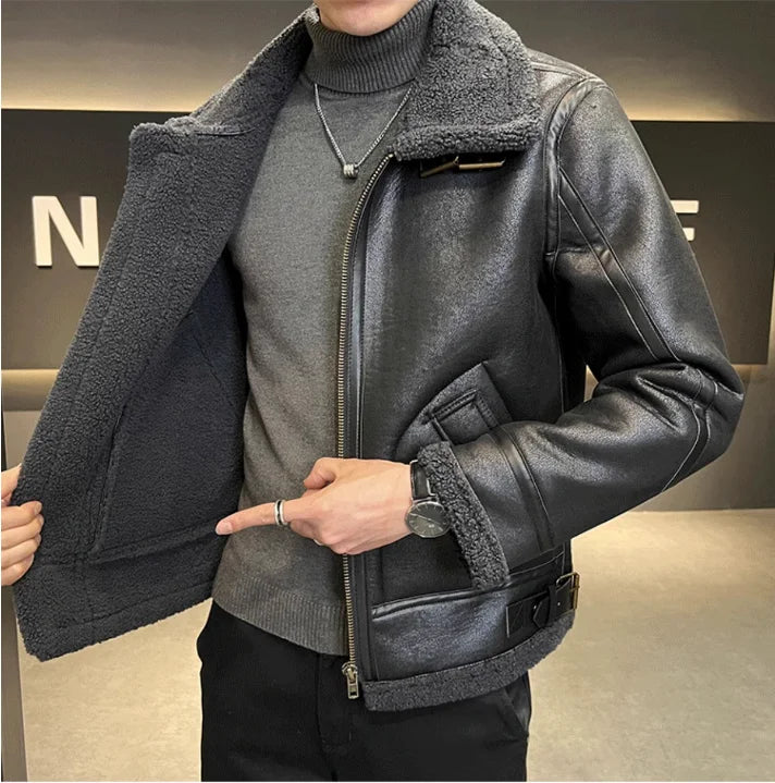 M-4XL Autumn and Winter New Wool Polo Collar Plus Plush Thickened Men's Motorcycle Leather Jacket Fur Integrated Jacket