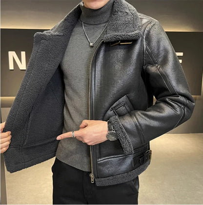 M-4XL Autumn and Winter New Wool Polo Collar Plus Plush Thickened Men's Motorcycle Leather Jacket Fur Integrated Jacket