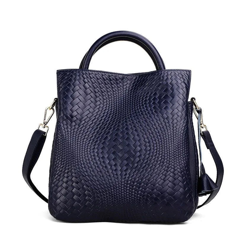New Woven Texture Genuine Leather Handbag, Large Capacity Elegant Women's Shoulder & Top Handle Bag
