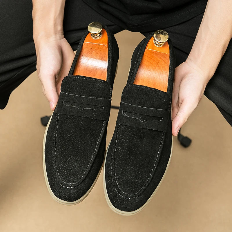 Men's Casual Loafers Genuine Leather Large Size 38-46 Fashionable Flat Slip-On Dress Shoes With Slip-On Closure for Winter
