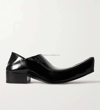 Exaggerated Elongated Square Toe Luxury Unisex Calfskin Oxfords Derby Shoe for Men Romeo Collapsible Heel Patent Leather Loafers