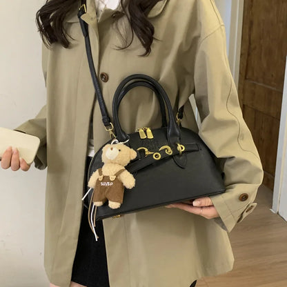 2026 New Hot Sale Dome Bag Bear Pendant Decor Metal Buckle PU Leather Winter Date Stylish Retro Handbag