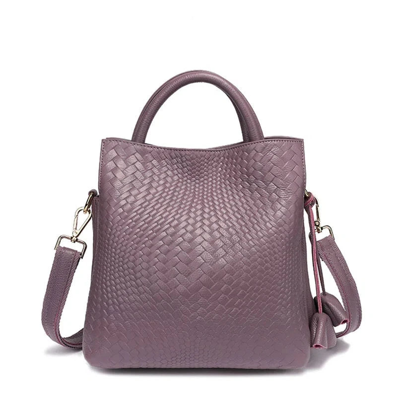 New Woven Texture Genuine Leather Handbag, Large Capacity Elegant Women's Shoulder & Top Handle Bag