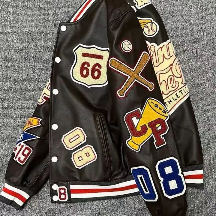New Arrival Men's Leather Baseball Jacket Autumn & Winter Long Sleeve PU Leather Coat Embroidered Top Jacquard Trendy Sports