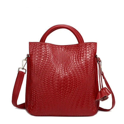 New Woven Texture Genuine Leather Handbag, Large Capacity Elegant Women's Shoulder & Top Handle Bag
