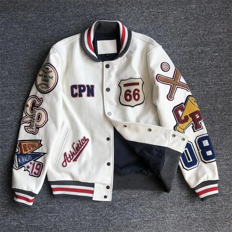 New Arrival Men's Leather Baseball Jacket Autumn & Winter Long Sleeve PU Leather Coat Embroidered Top Jacquard Trendy Sports